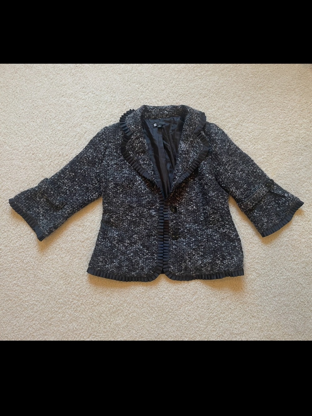 Carole Little Black and Gray Bouclé Jacket with Ruffle Edge